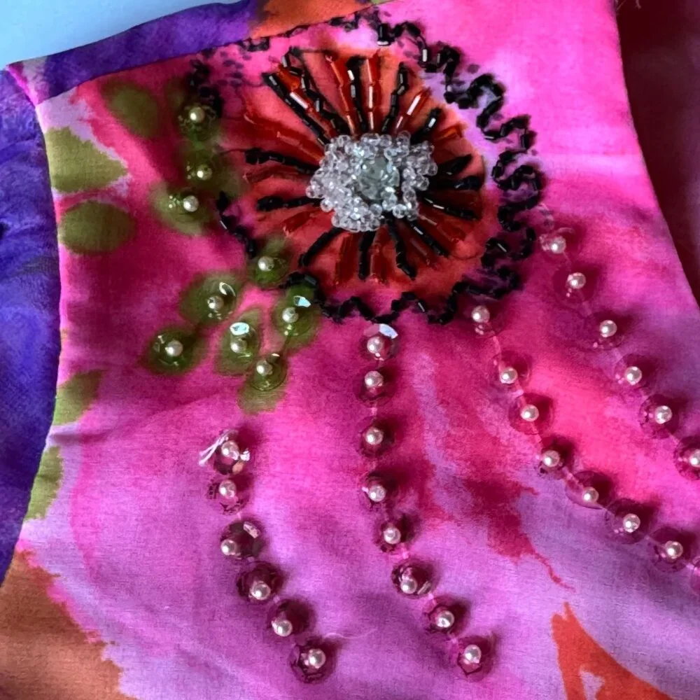 Miss Elliette California Hand-Beaded Floral Crop Blouse Sheer Sleeves Vtg 60s - Picture 14 of 16